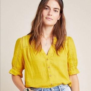 Anthropologie Maeve Magritte Yellow Linen Embroidered Lace Top